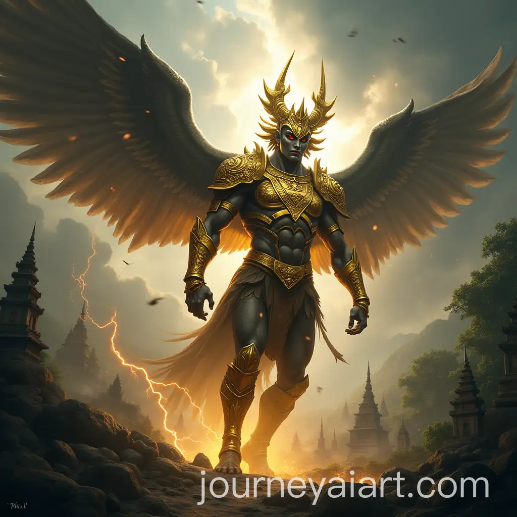 Epic-Depiction-of-Gatotkaca-in-Golden-Armor-Amidst-a-Stormy-Battlefield