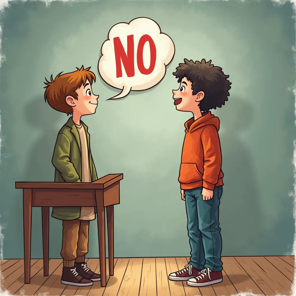 Creating a seminar vs bullying. Create me an image where a child stands up straight and says NO to the Bully