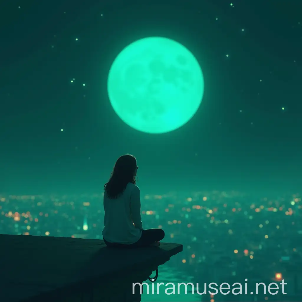 Minimalist Illustrator Sitting on Digital Moon Watching City Lights