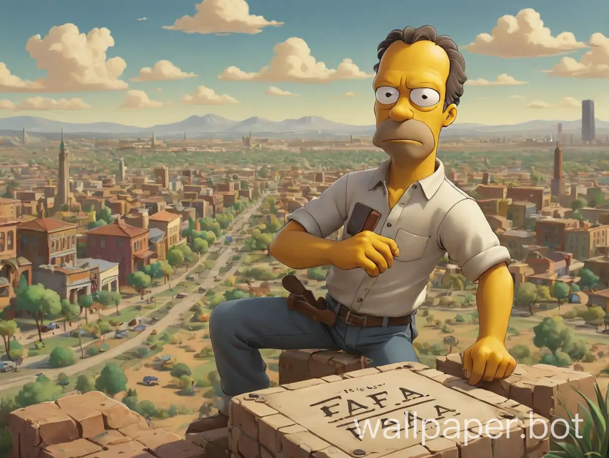 style simpson a man hollding a square with FAFA written on it . a landscape behind with a city of springfield