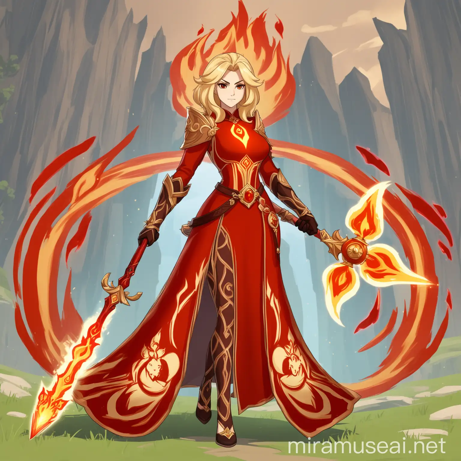 Pyro Goddess in Red Dress wielding Lionprinted Polearm