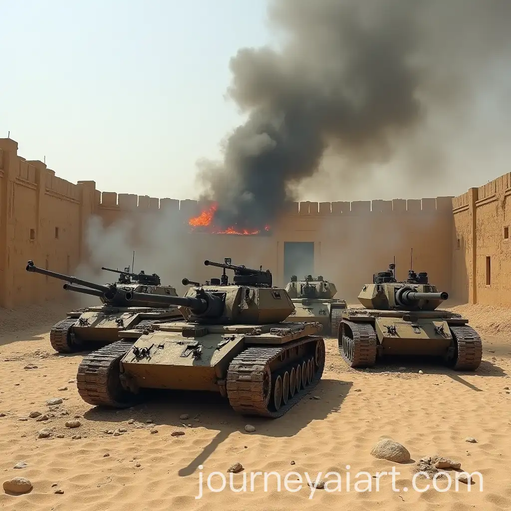 Damaged-AntiAircraft-Units-in-Desert-Fort-Courtyard-with-Flames-and-Smoke