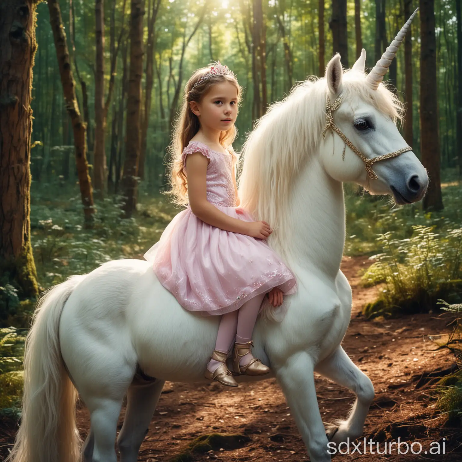 Enchanting-Scene-of-an-8YearOld-Princess-Riding-a-Unicorn-in-a-Magical-Forest