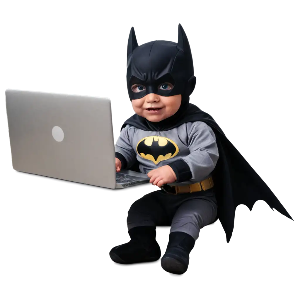 AdorableSEO-PNG-Image-Prompts-Baby-Batman-Sitting-on-Desk-in-Front-of-Laptop-PNG-Image-for-Creative-Use