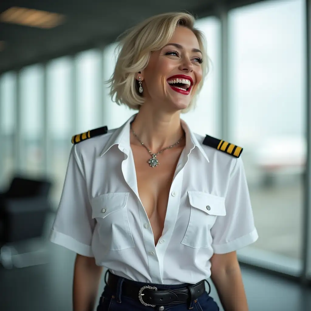 white norvegian pilot lady, in white deep-necked pilot shirt, laughing with her mouth open, red lipstick accentuating her smile,belt on waist, big wide hips, chest are fully grown, jewerly, short hair, HD, enjoying at airport , photo-realism