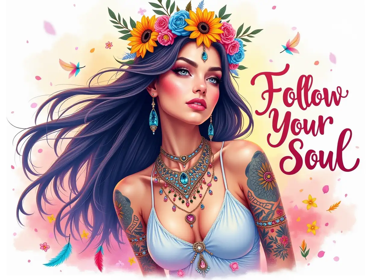 Vector illustration, Watercolor Art. A vibrant and colorful digital portrait of a woman with long, flowing hair adorned with a crown of multicolored flowers, including sunflowers and roses. Her skin is decorated with intricate tattoos showcasing nature-inspired designs and mandalas. She wears a bohemian-style top, revealing her décolletage adorned with multiple sparkling jewels and enchanting accessories. The backdrop is a burst of blooming flowers and abstract pastel splashes, creating a dreamy atmosphere. Bold, artistic typography overlays the scene, stating 'Follow Your Soul' in a swirling, dynamic style. The overall aesthetic is hyper-realistic with a touch of fantasy, featuring bright pinks, blues, and yellows, creating an uplifting and inspiring ambiance. The composition also includes delicate dreamcatcher elements and colorful feathers flowing into the design for an ethereal touch.