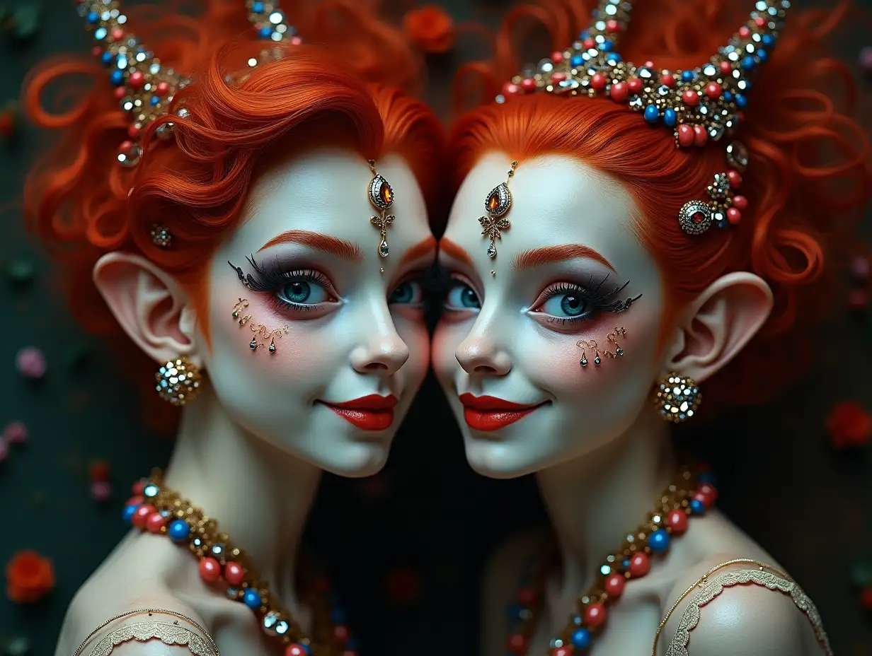 Two young black and white pattern Older Fish with Alien face, with red hair, with a slight smile on their face, emphasizing their smile, modern retro jewelry, in a temple many diamonds various shades 4k