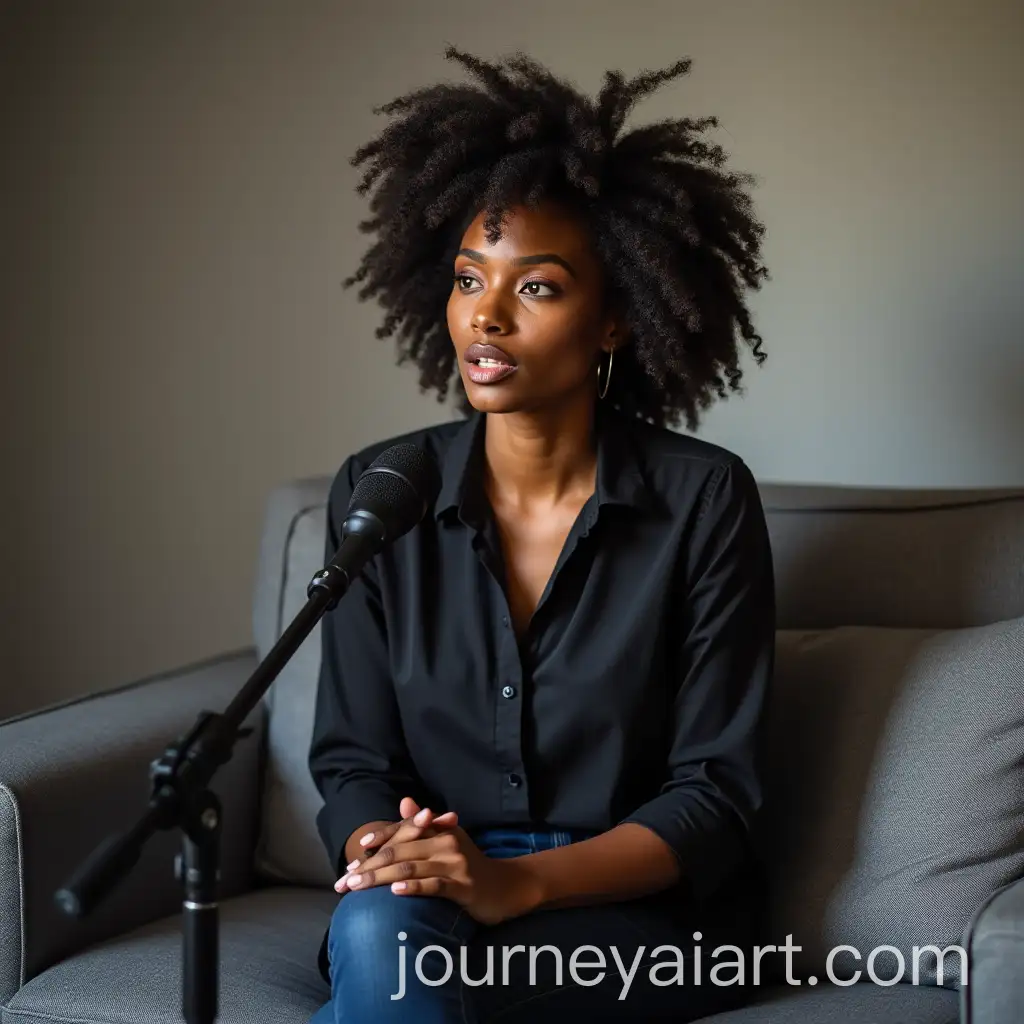 Young-Black-Woman-Speaking-Confidently-on-a-Gray-Sofa