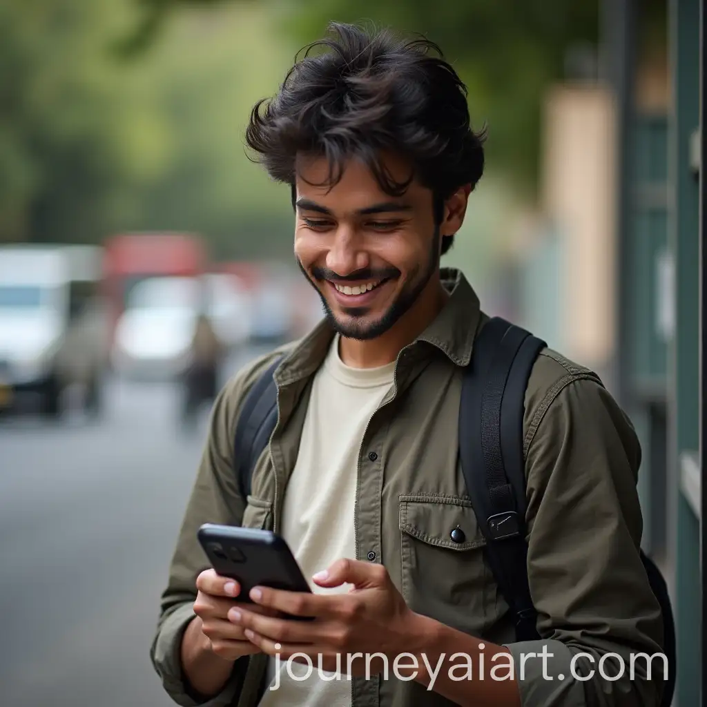 Young-Man-Smiling-While-Using-Phone-at-Bus-Stop-in-Indian-Morning