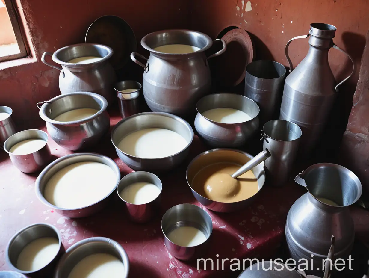 Indian Kitchen Scene with Utensils and Milk