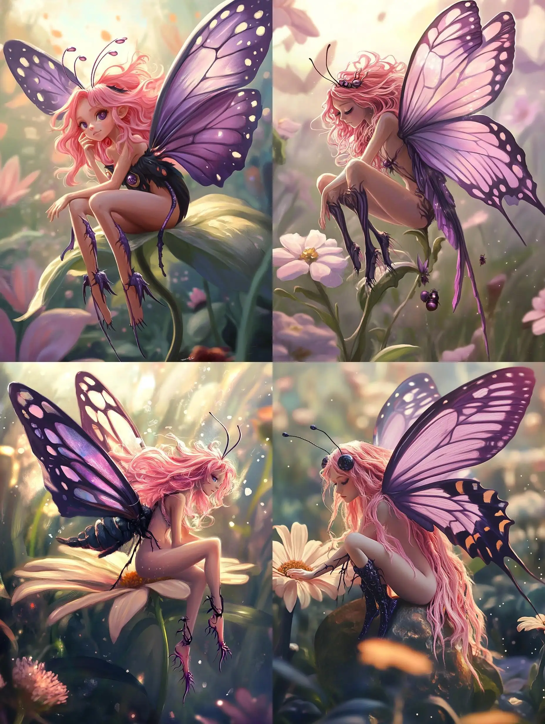 Pink-Fairy-Sitting-on-Flower-in-Flower-Field