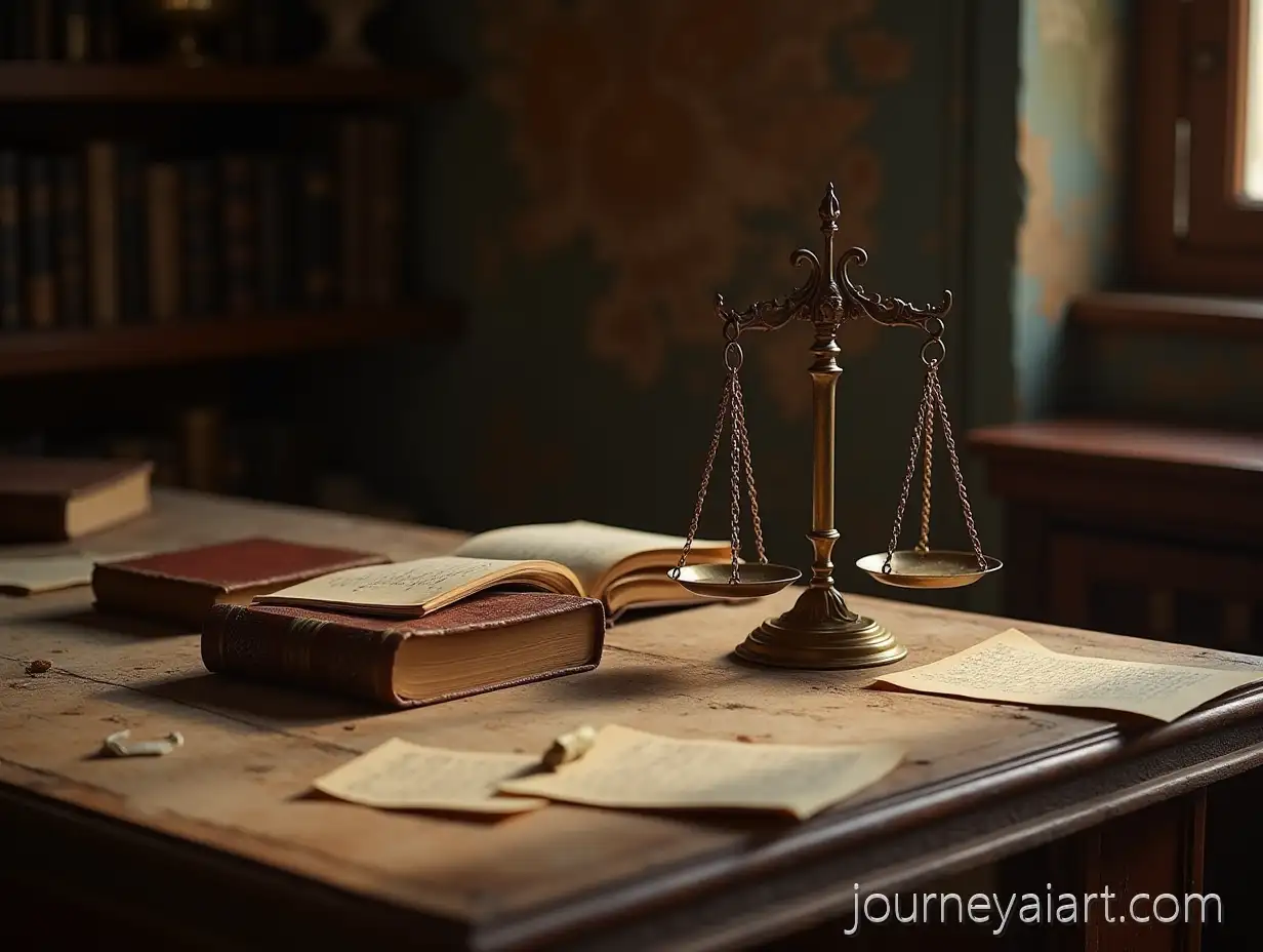 Ancient-Shahin-Palace-with-Justice-Scale-Old-Books-and-Scattered-Papers-on-Table