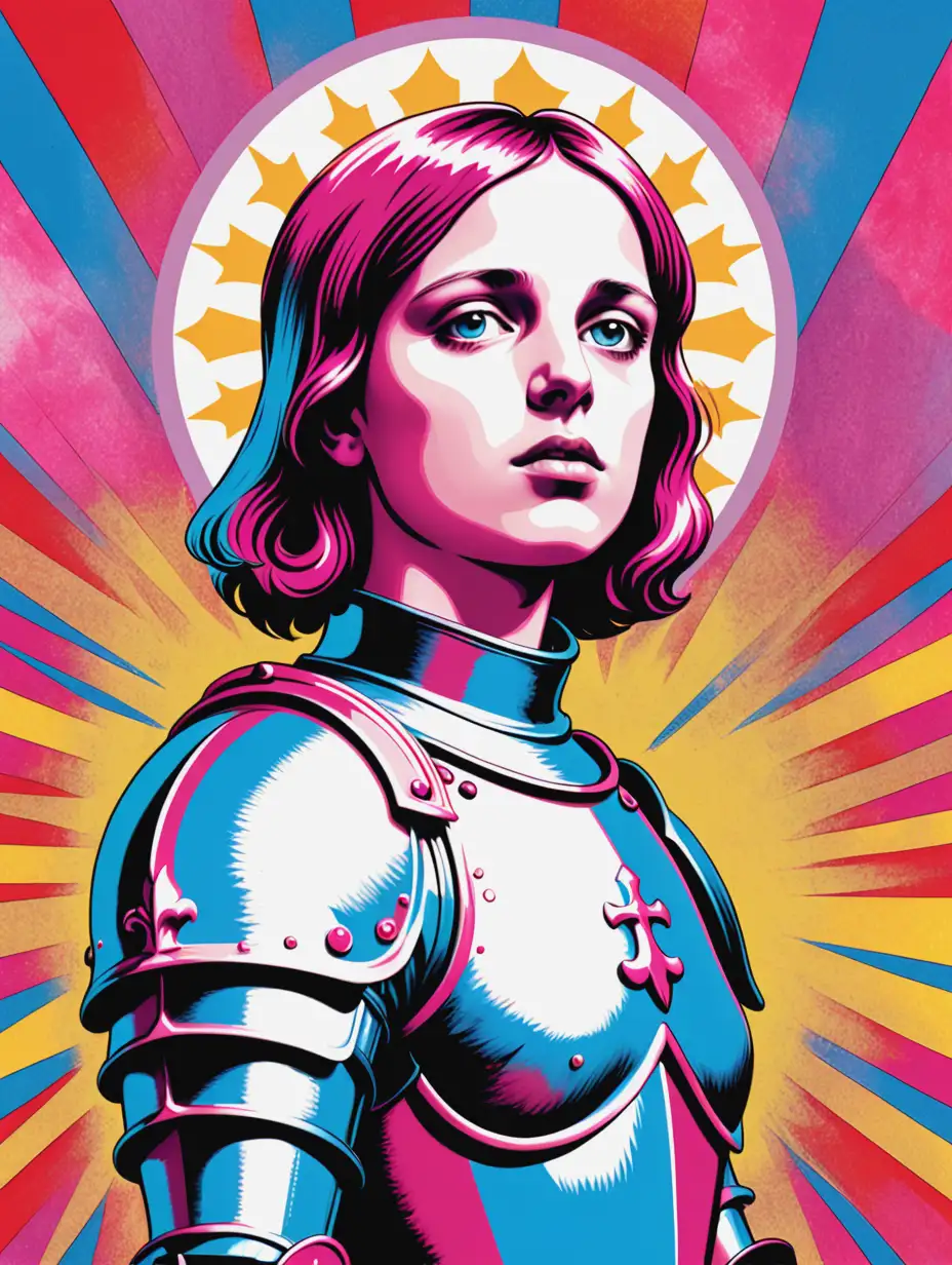 Psychedelic Pop Art Illustration of Young Joan of Arc in Colorful Armor