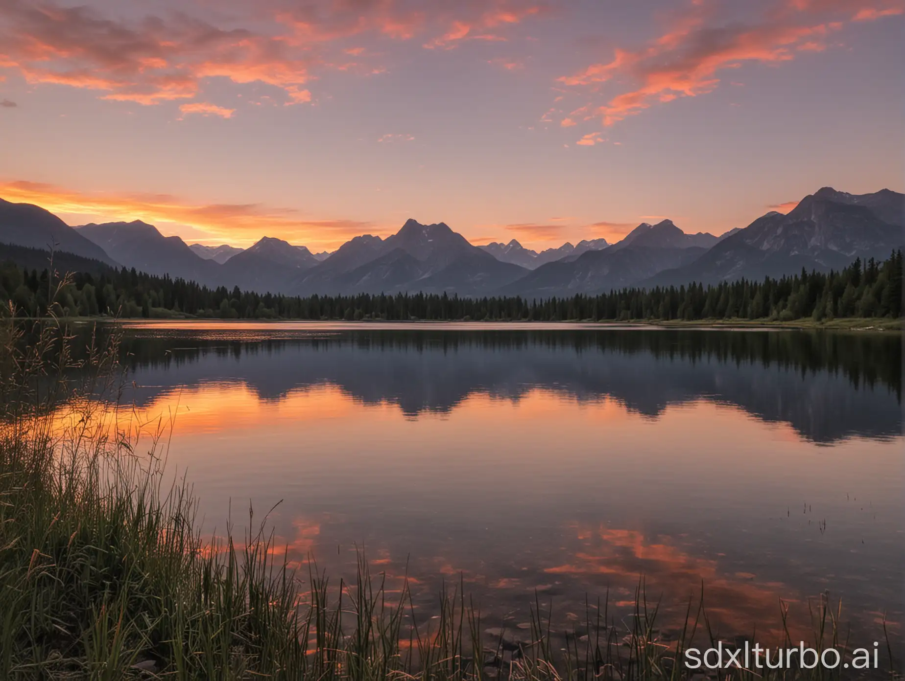 By the lake at sunset, mountains in the distance