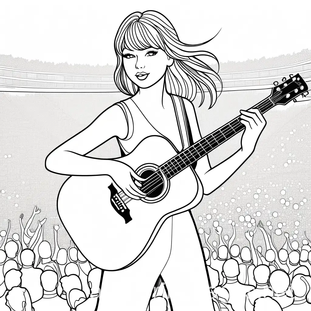 Taylor swift , with her guitar, audience in background, black line images with white background, detailed illustration,n Coloring Page, black and white, line art, white background, Simplicity, Ample White Space. The background of the coloring page is plain white to make it easy for young children to color within the lines. The outlines of all the subjects are easy to distinguish, making it simple for kids to color without too much difficulty, Coloring Page, black and white, line art, white background, Simplicity, Ample White Space. The background of the coloring page is plain white to make it easy for young children to color within the lines. The outlines of all the subjects are easy to distinguish, making it simple for kids to color without too much difficulty