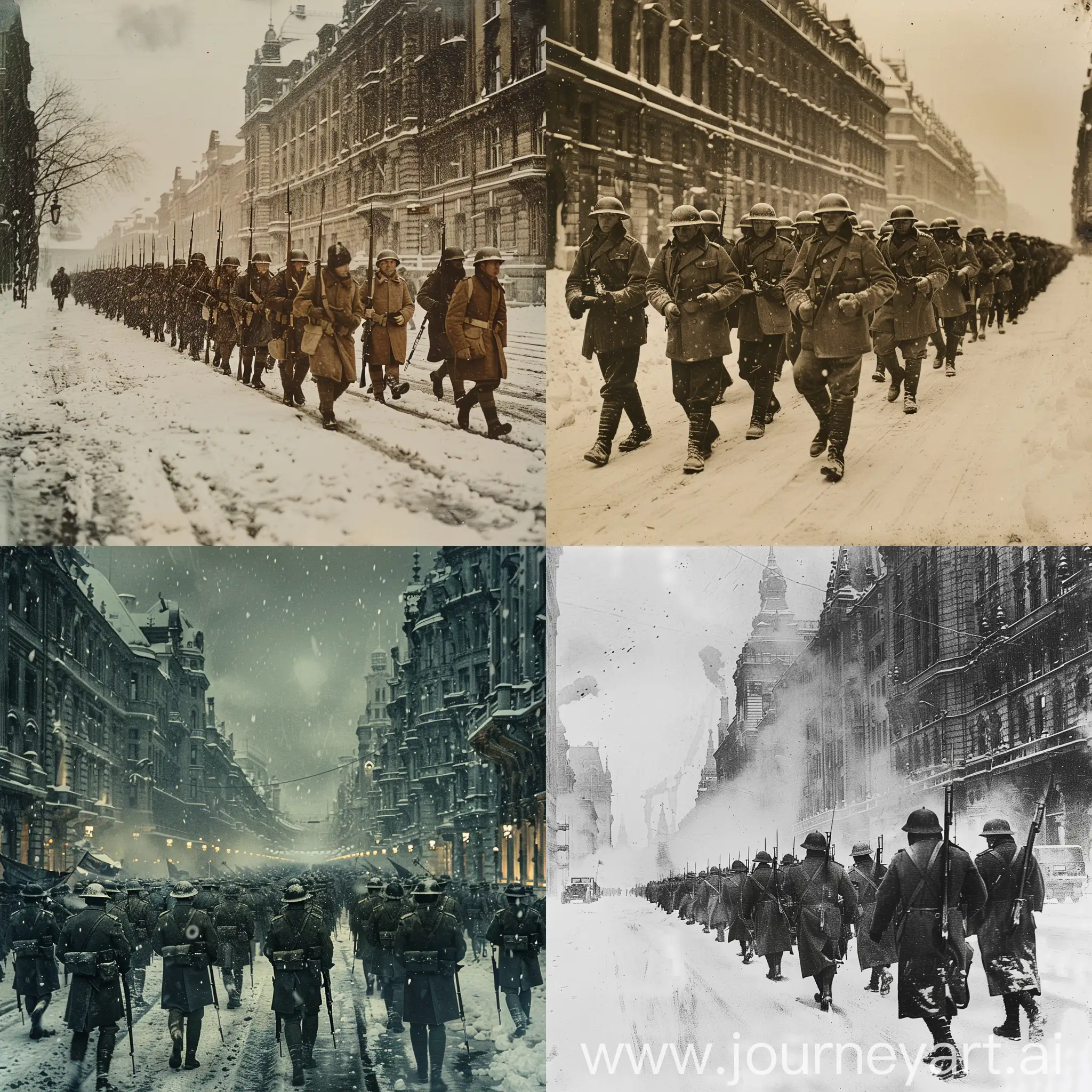 First-World-War-Soldiers-Marching-Through-a-Winter-City-in-the-1920s