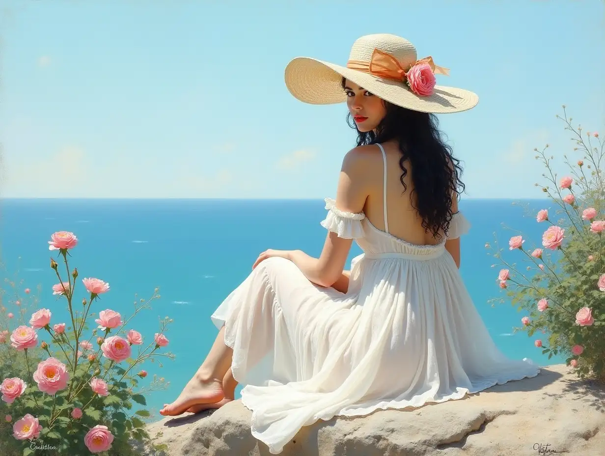 a woman facing the camera with one leg folded looks at it sitting on a rock by the sea. She wears a white transparent dress, open at the shoulders and back, long black hair, a wide straw hat with a ribbon and a pink flower. Some wild roses around her . End of 19th century style impressionist lighting in summer blue sky