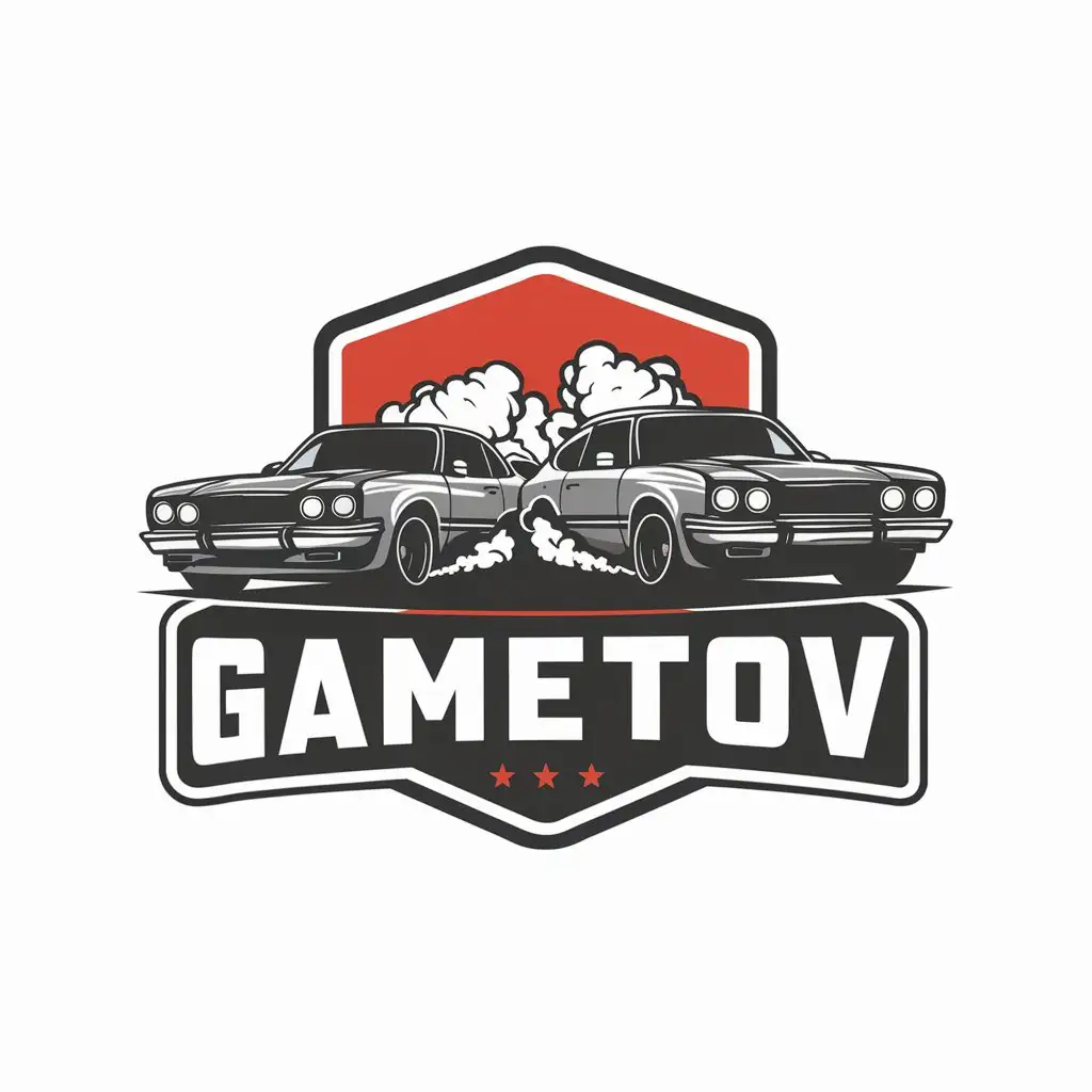 a vector logo design,with the text "GameTOV", main symbol:drift of Soviet cars with smoke from under wheels,complex,be used in IT industry,clear background