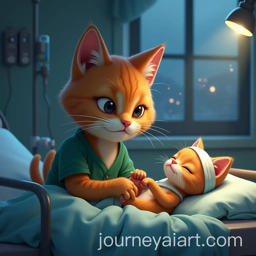 Heartbroken-Orange-Tabby-Cat-Comforting-Its-Sick-Kitten-in-Hospital-Room