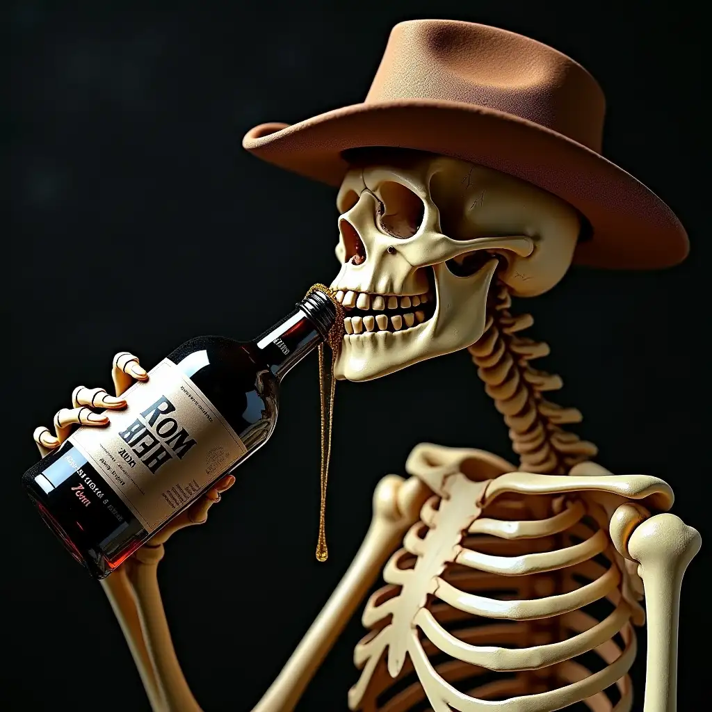 A fedora-wearing skeleton is drinking from a black rum bottle. A golden liquid is dripping from the bottle, causing skin to grow over the skeleton's body.