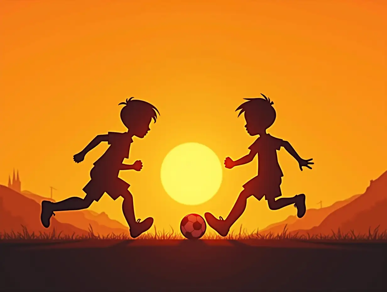 comic style, minimalist, dynamic animation of two boys silhouette, runing and playing soccer, figures in a uniform dark color on sunset orange background playing white and black soccer ball, one of them kicks the ball that flies fast into the camera view covering whole animation frame