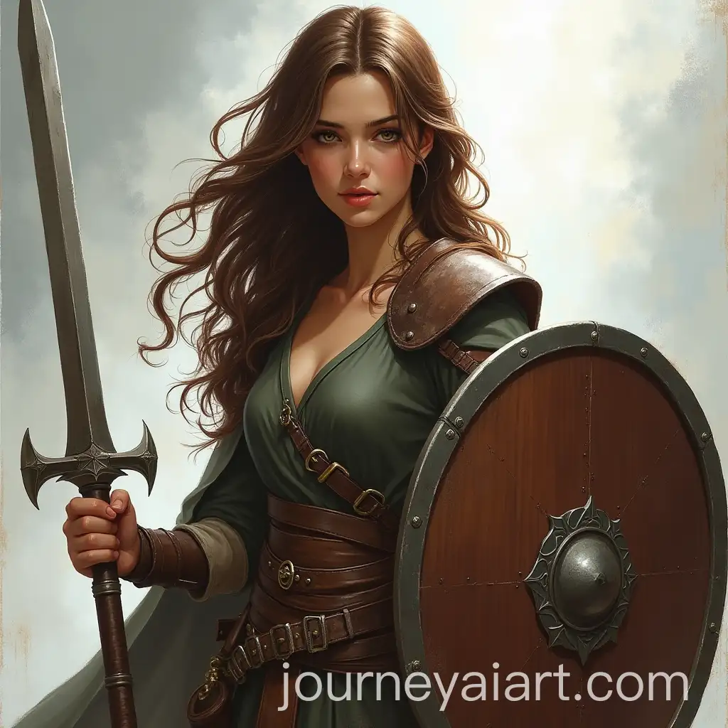 Brunette-Woman-Warrior-Cleric-Holding-Shield-in-Fantasy-Setting