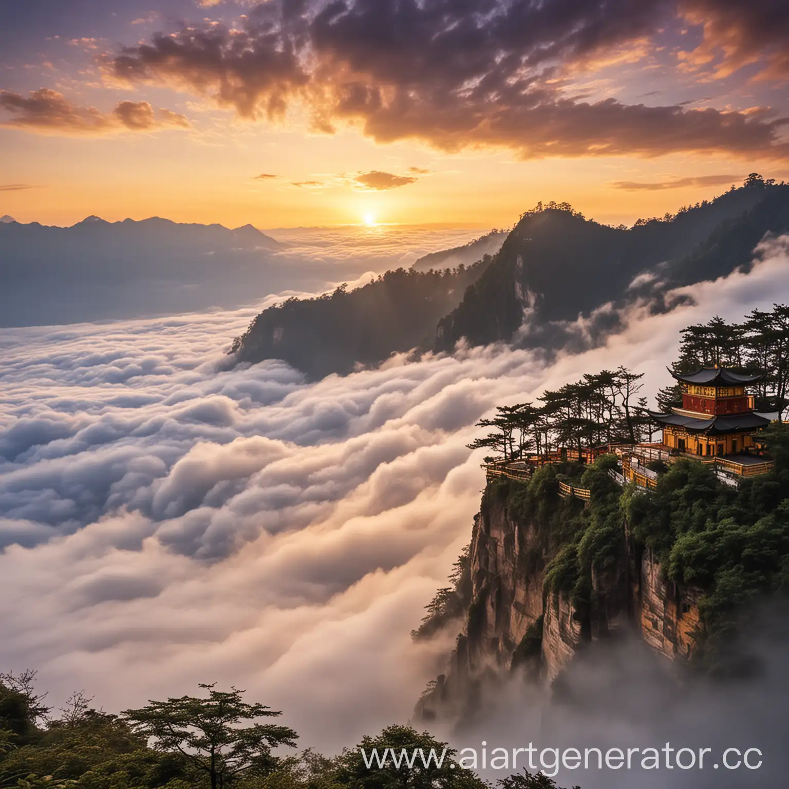 Overlooking the enchanting clouds of Emei Mountain's Golden Peak