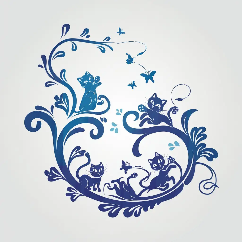 LOGO Design for Batik Cats Playful Blue Cats Chasing Butterflies with Traditional Motifs