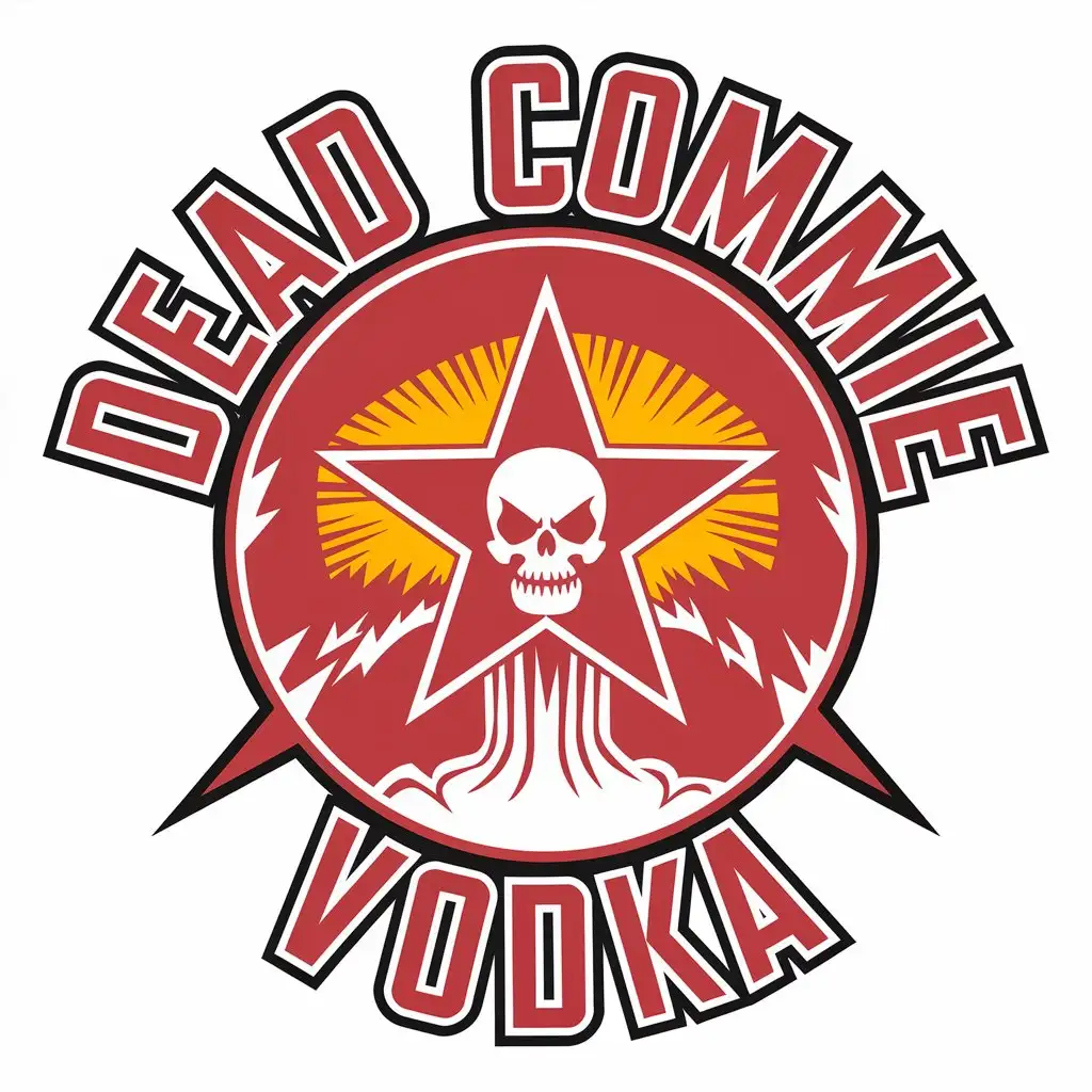 LOGO Design for DEAD COMMIE VODKA Nuclear Explosion and Skull Inside a Star in Red and Yellow Gradient