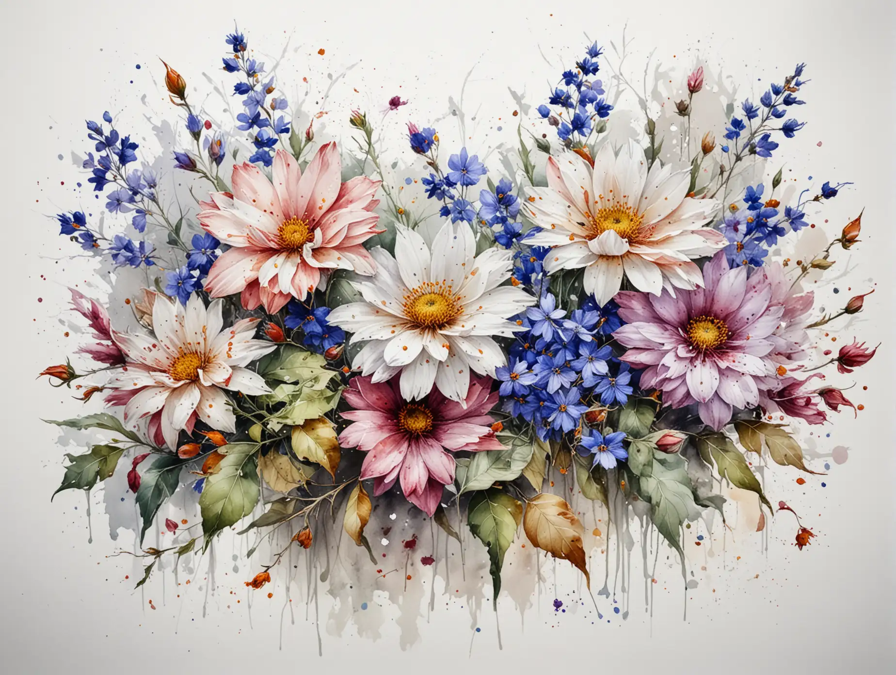 flowers scattered on a white background, detailed drawing, high quality, painting in watercolors with splashes