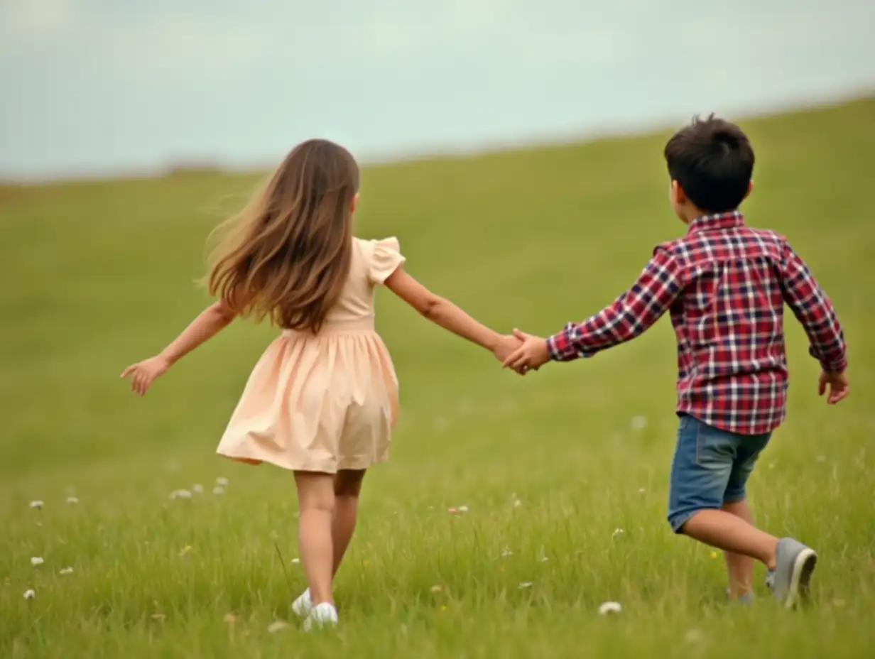 Children-Running-Up-a-Grassy-Hill-in-Summer-Outfits