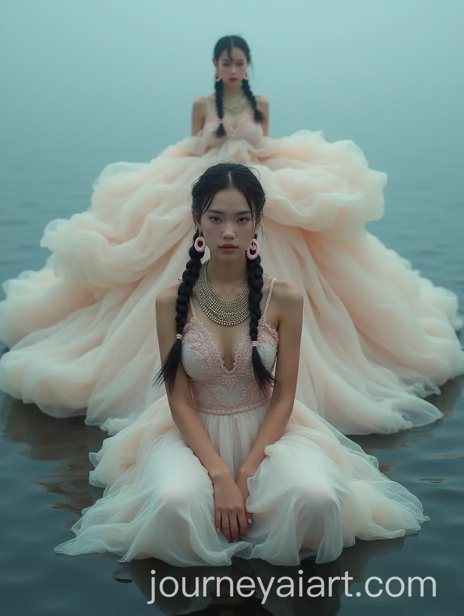 Surreal-HighFashion-Portrait-of-Japanese-Model-on-Floating-Raft-in-Serene-Lake