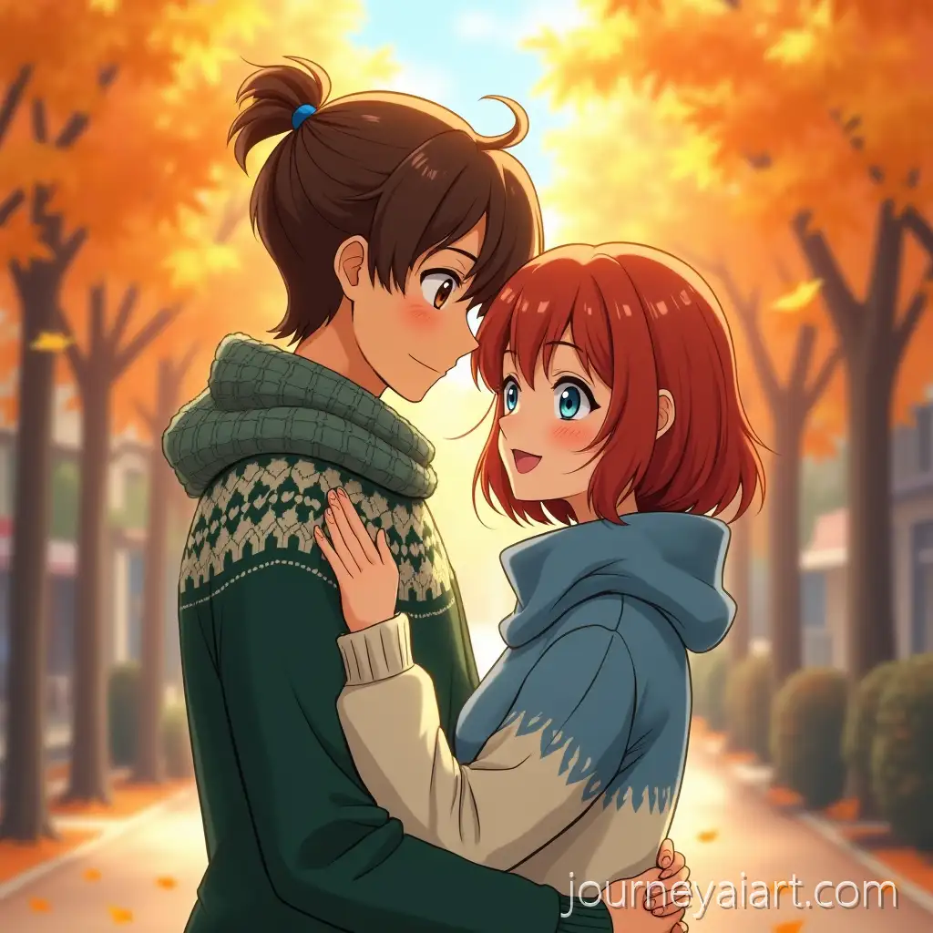 Anime-Couple-Hugging-on-Cozy-Autumn-Street-with-Vibrant-Maple-Trees