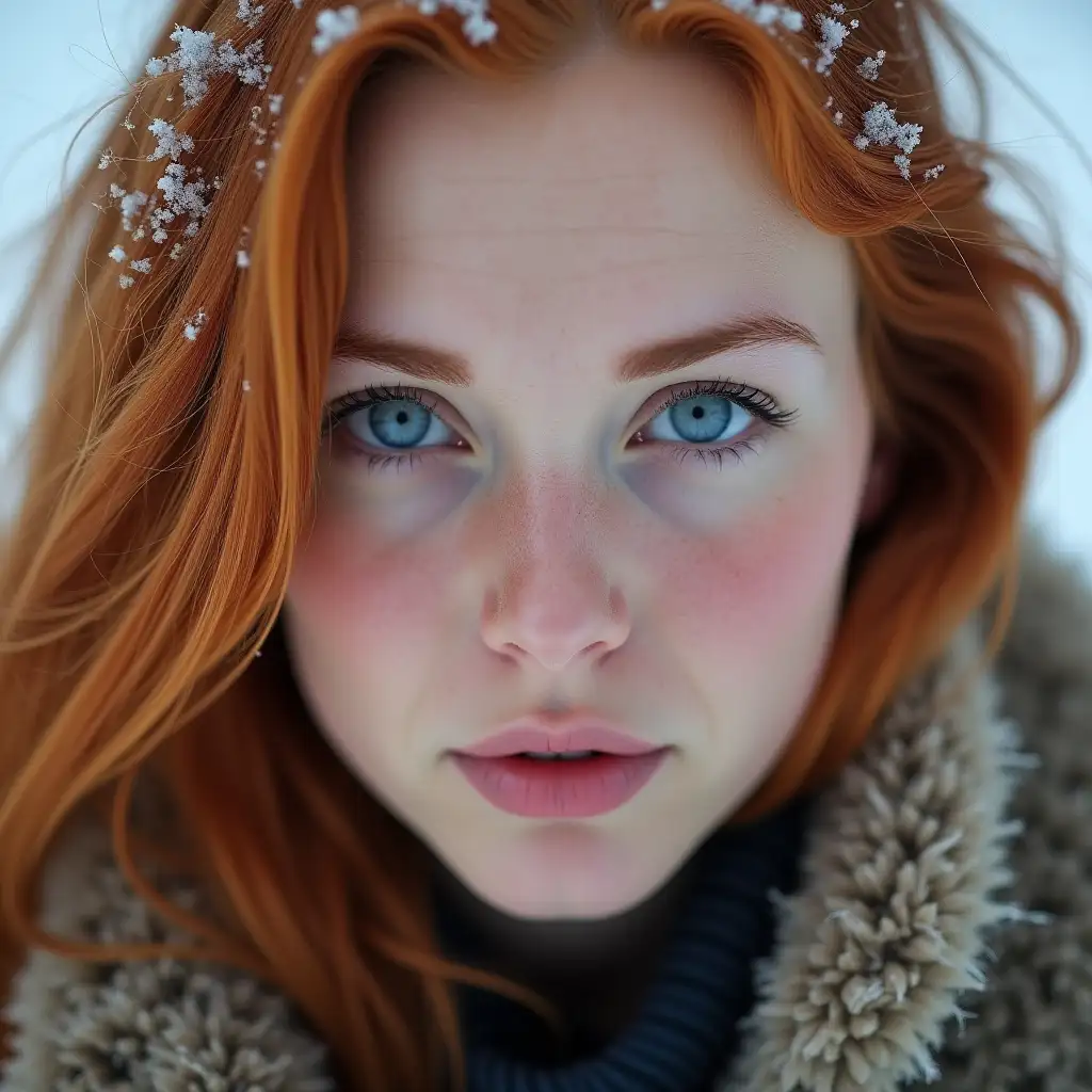 CloseUp-Portrait-of-a-Woman-with-Ginger-Hair-and-Deep-Blue-Eyes-in-Snow