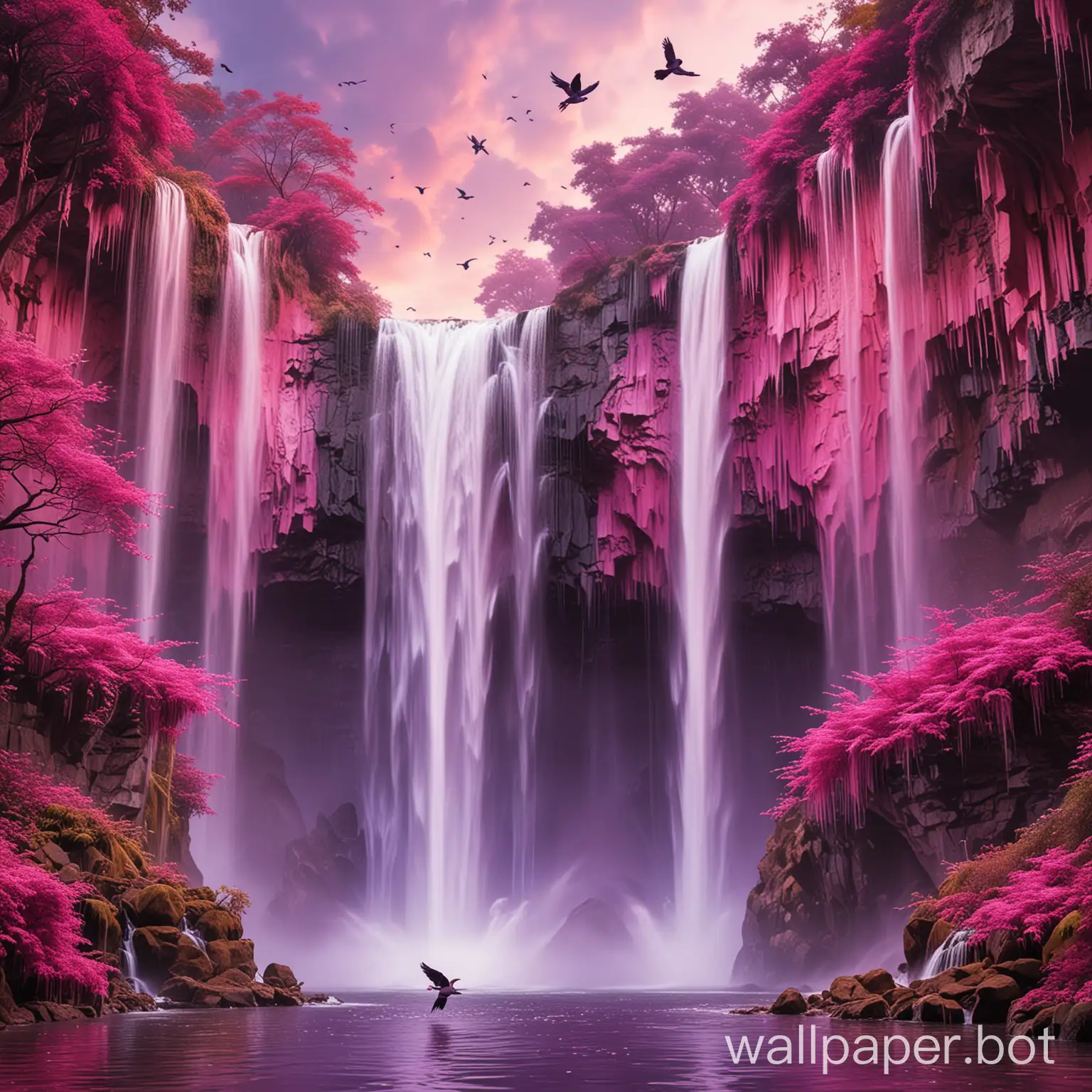 Majestic-Birds-Over-Bright-Pink-and-Purple-Waterfalls