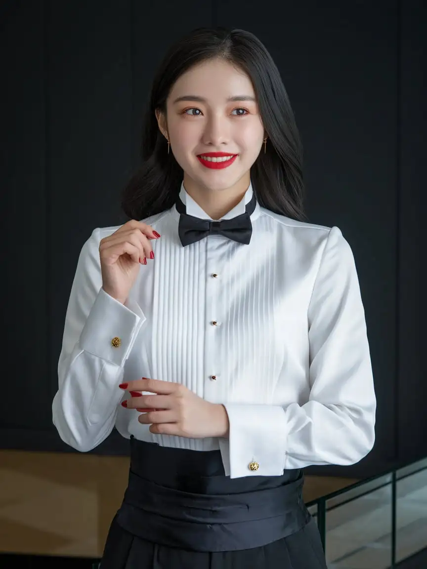 Smiling-Chinese-Woman-in-Elegant-Tuxedo-Attire-with-Red-Accents