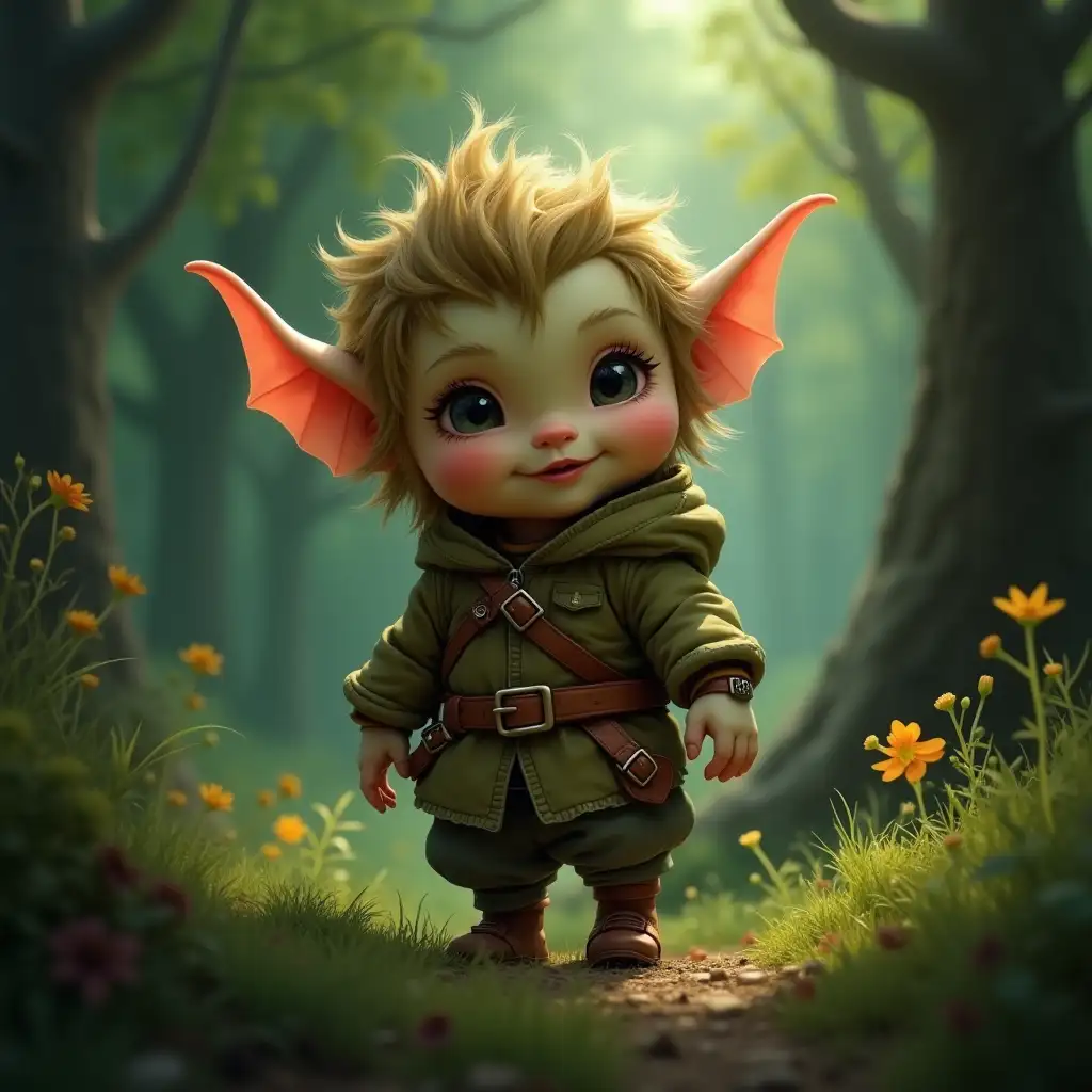 A charming Goblin child, happily exploring a mysterious forest...