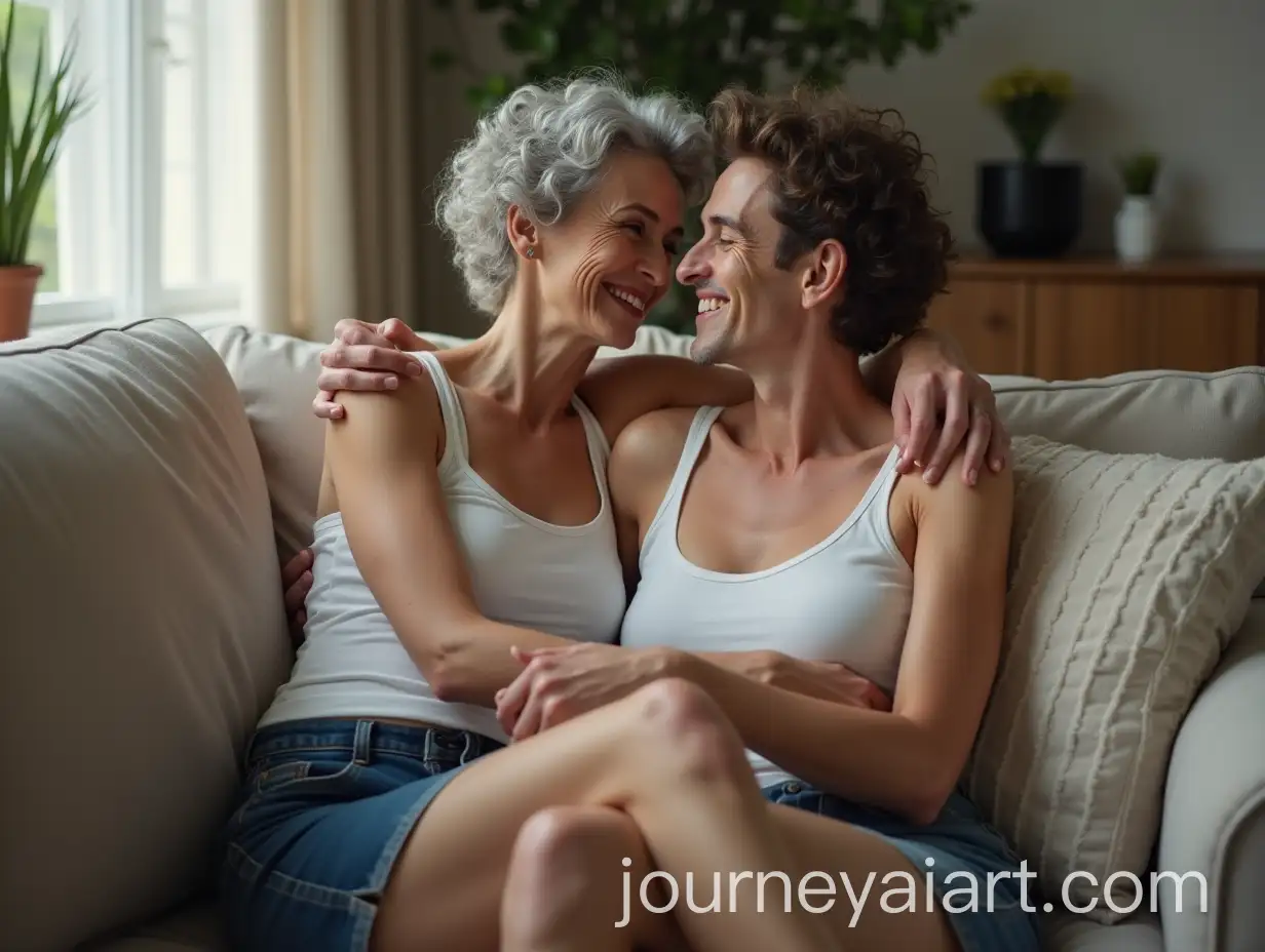 Smiling-50YearOld-Woman-with-Short-Curly-Hair-and-a-Young-Man-Sitting-on-Couch-Embracing-Each-Other