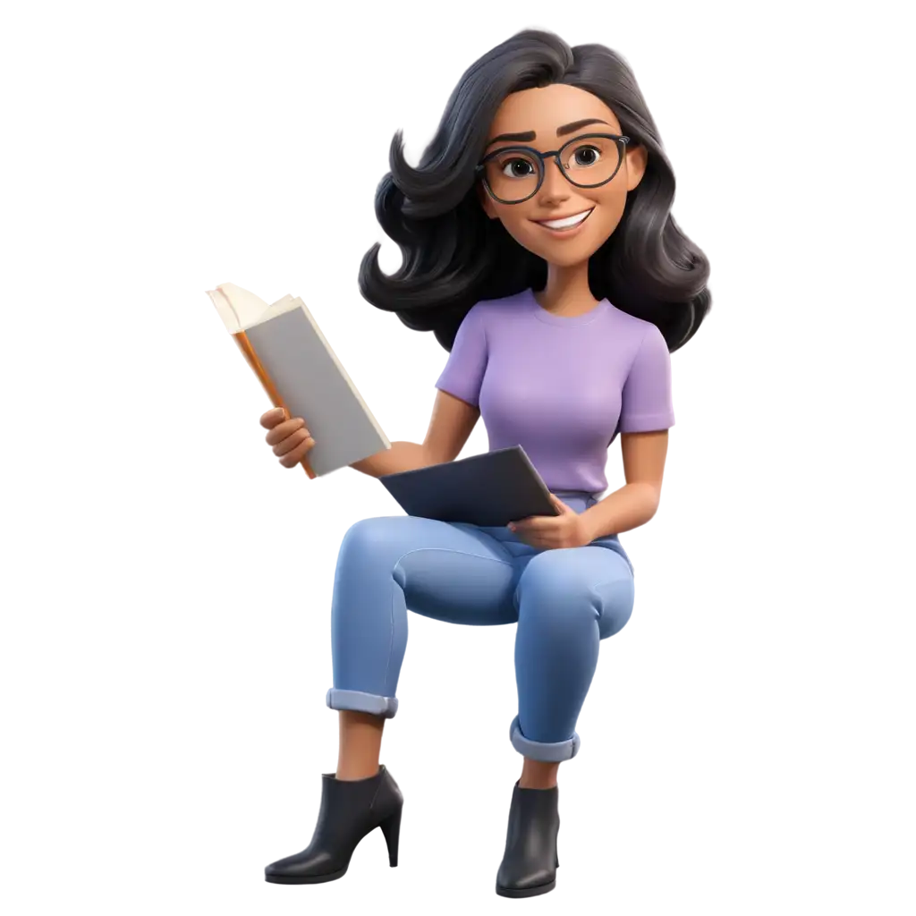 SEOOptimized-PNG-Image-3D-Illustration-of-Latina-Woman-Sitting-on-Books-or-Leaves-Lesson-Plan-or-Class