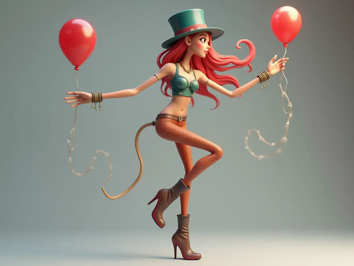 a very long 3-D female figure with very thin legs and very long thin arms with top hat and boots and wearing jewelry.and has a balloon in her hand 4K resolution Colorful