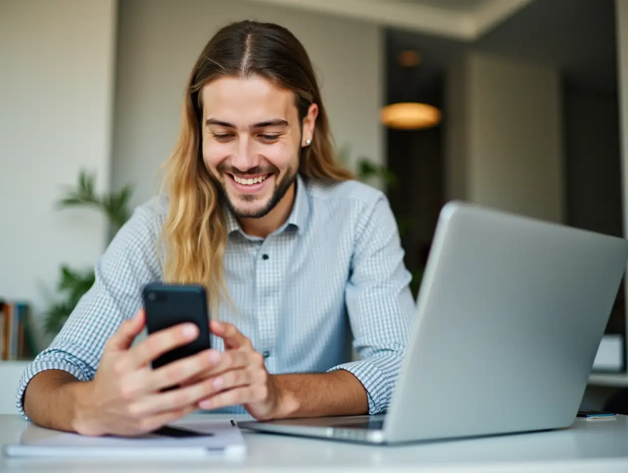 Entrepreneur-Texting-with-Smartphone-in-Office-Workspace