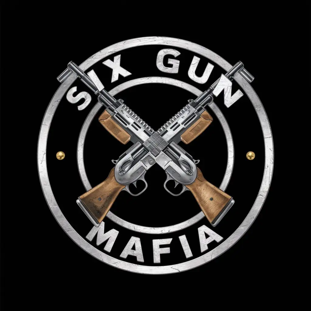 LOGO Design For Six Gun Mafia Circle with Metallic White Outline Crossed Guns and WornOut Texture