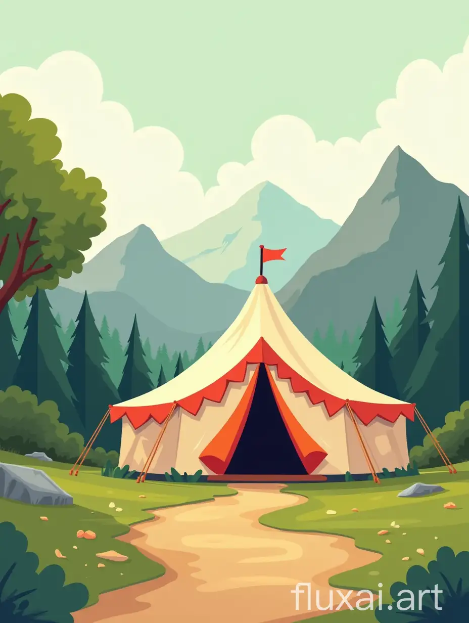 Cartoon-style (digital design) illustration of a marquee or tent in a nature setting, with bright colors, smooth lines and a retro comic look. The access in the background includes elements like trees, mountains, and travel icons and a path. Use beige, light green, orange, gray, white and black as a base. Use bright colored as an accent.