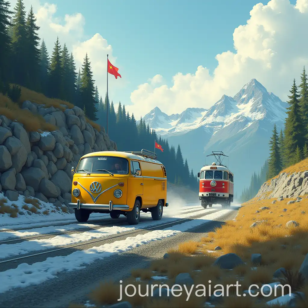 Formula-1-Race-with-Soviet-Electric-Train-and-Yellow-Van-on-Mountain