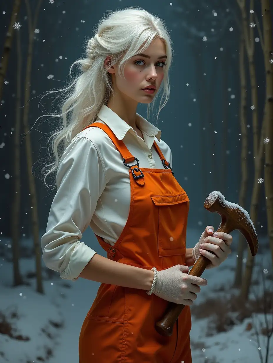 Extremely beautiful with white hair, very detailed, young hot woman, easy to talk to, affectionate, enthusiastic, intricately detailed lighting, surreal, abstract, dark night. House renovations are going on around. This realistic photograph shows an elegant woman in her white and orange work uniform with hammer in hand. It is winter, with snow falling around her. The image is of exceptionally high quality, with sharp details and vibrant colors that truly bring the subject to life. This mesmerizing image conveys her beauty and strength, making her appear fragile and powerful at the same time. The scene comes alive with vibrant colors and intricate details, creating a realistic and captivating painting that exudes a sense of grace and hard work. Every stroke and color choice enhances the intricate depiction of this captivating subject, demonstrating the artist's skill and dedication to her craft.