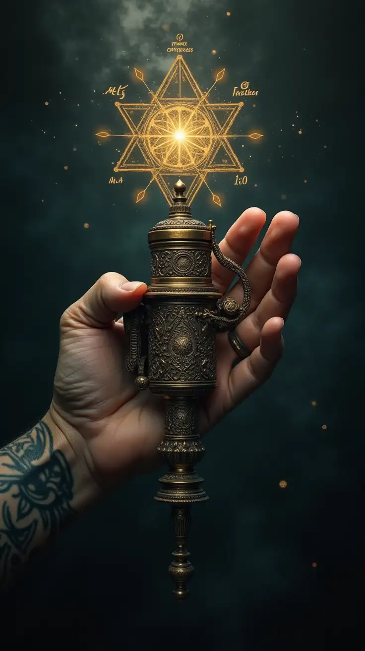 Tattooed-Hand-Holding-Ancient-Antique-Tattoo-Machine-with-Sacred-Geometry