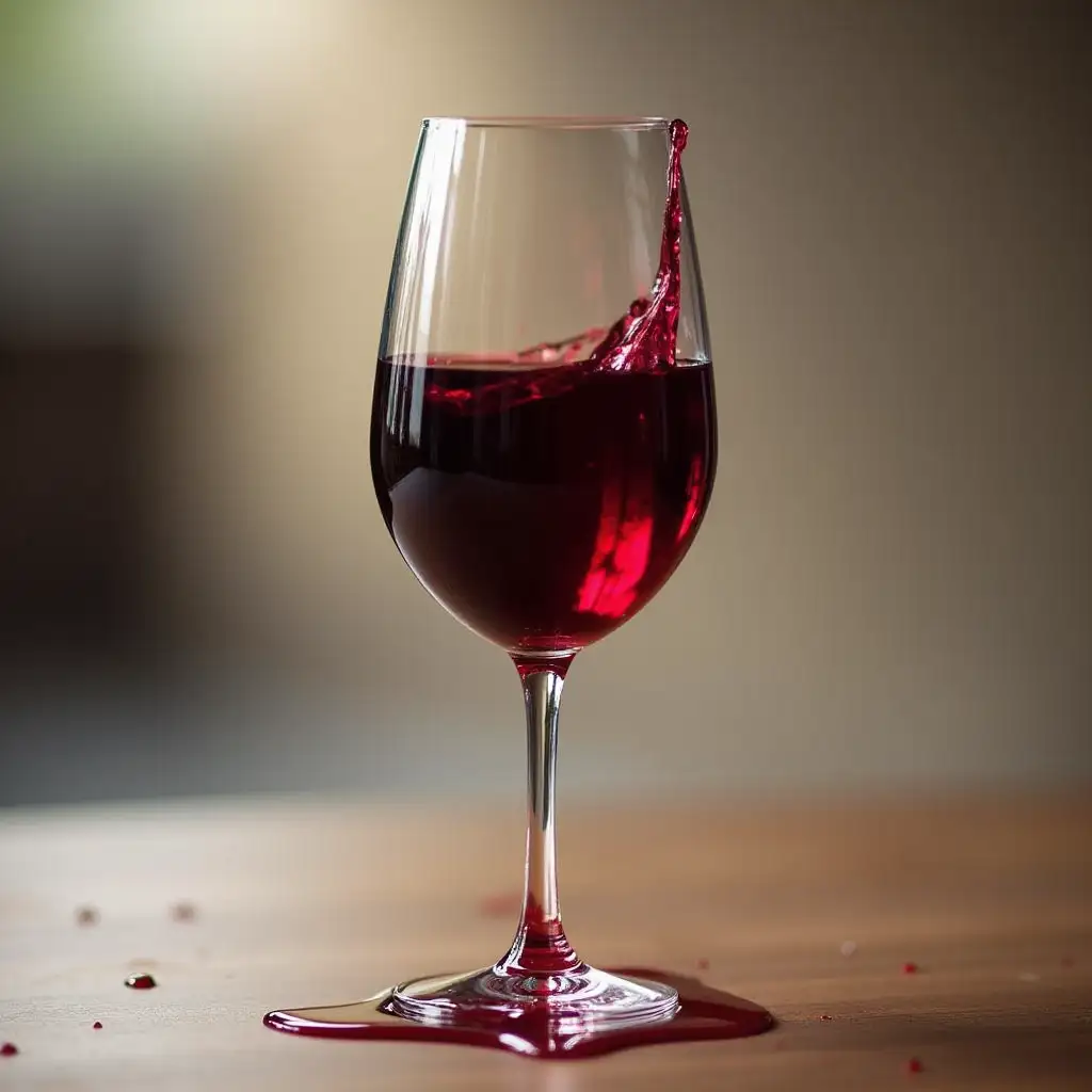 Wine Glass Overflowing with Red Wine on a Wooden Table