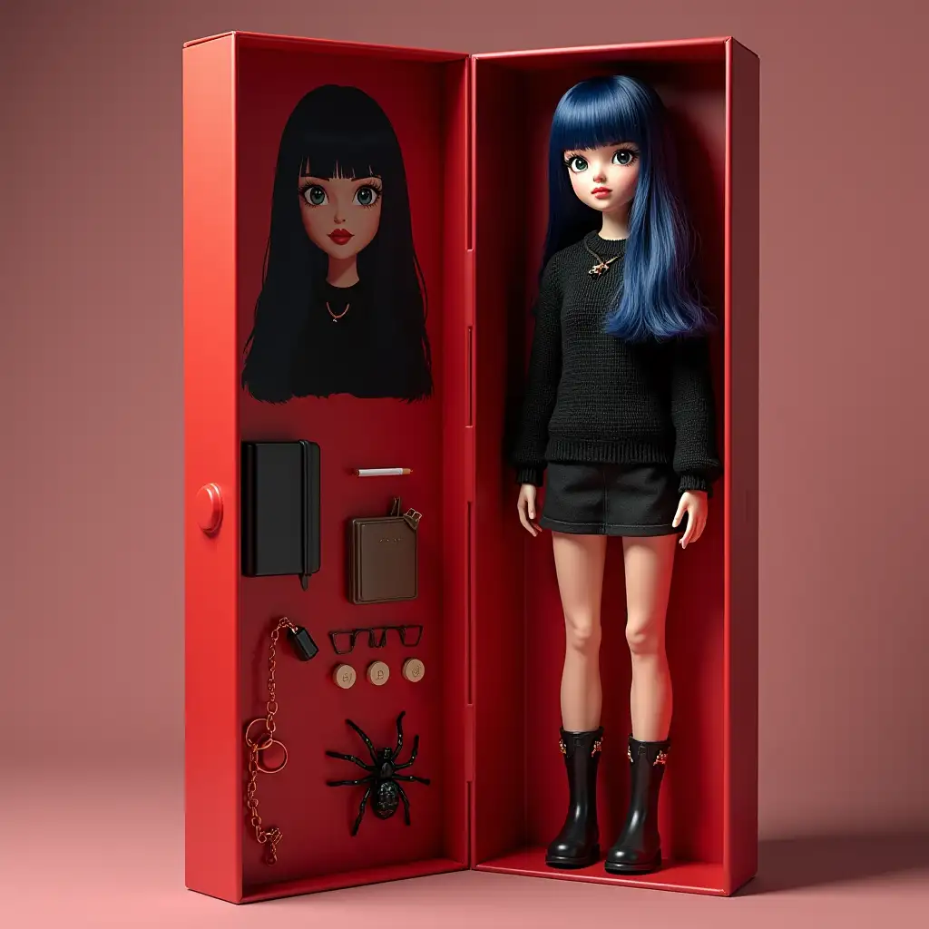 Create an action-figure doll. The figure is full size and located to the right inside a red box with its accessories: cigarette, notebook, spider. On the top of the box write Katerina additional information about appearance: dark blue hair long, black sweater, black short skirt Image should be maximally realistic.