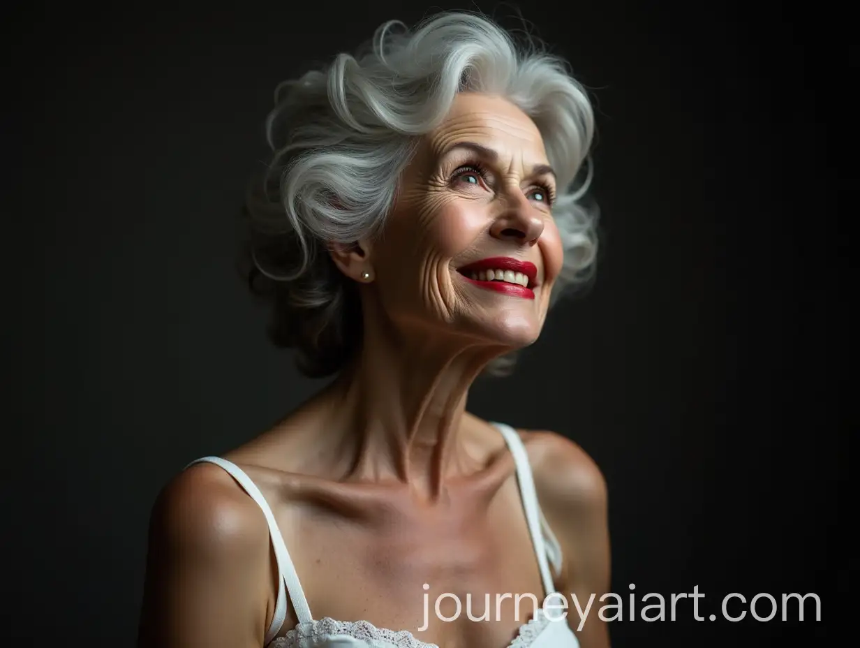 Elegant-Senior-Woman-in-Lace-Dress-with-Fluffy-Gray-Hair-and-Bright-Makeup