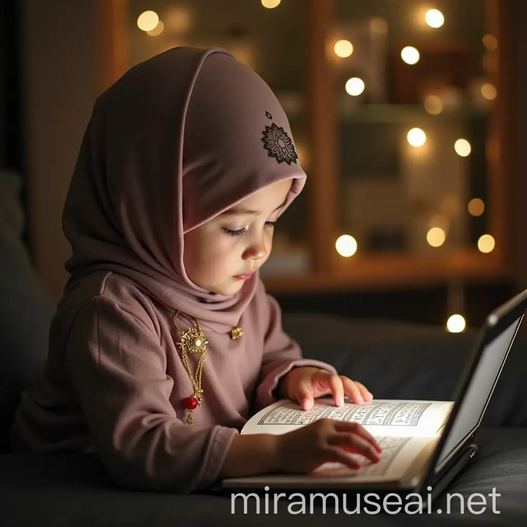 Girl in Hijab Reading Quran Online on Laptop